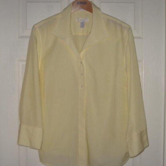 Chico's No Iron 3 XL Yellow Pinstripe Effortless Cotton Hidden Button Excellent - Picture 1 of 12